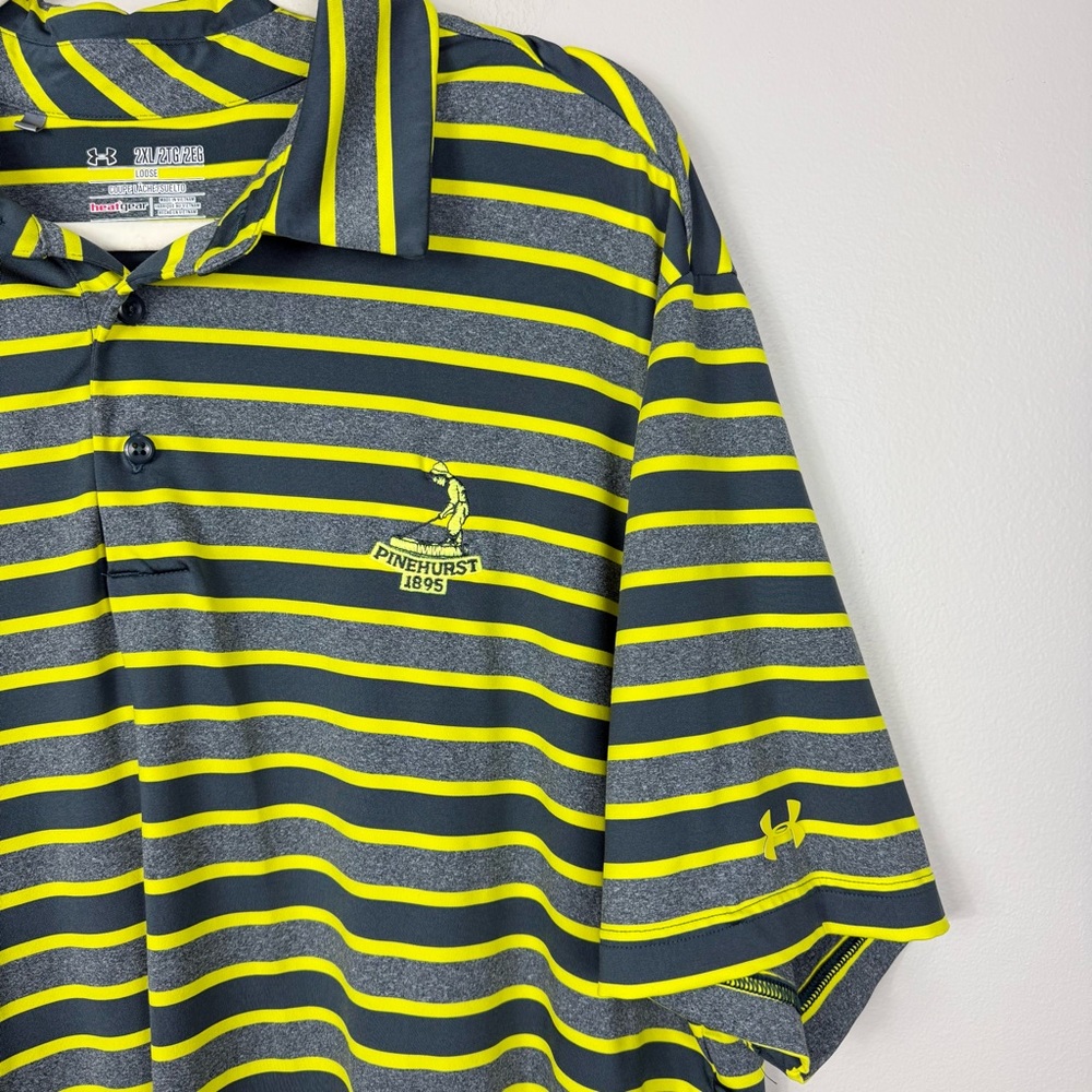 Under Armour Pinehurst Polo Mens 2XL Stripe Gray Yellow Loose Fit Heat Gear Golf